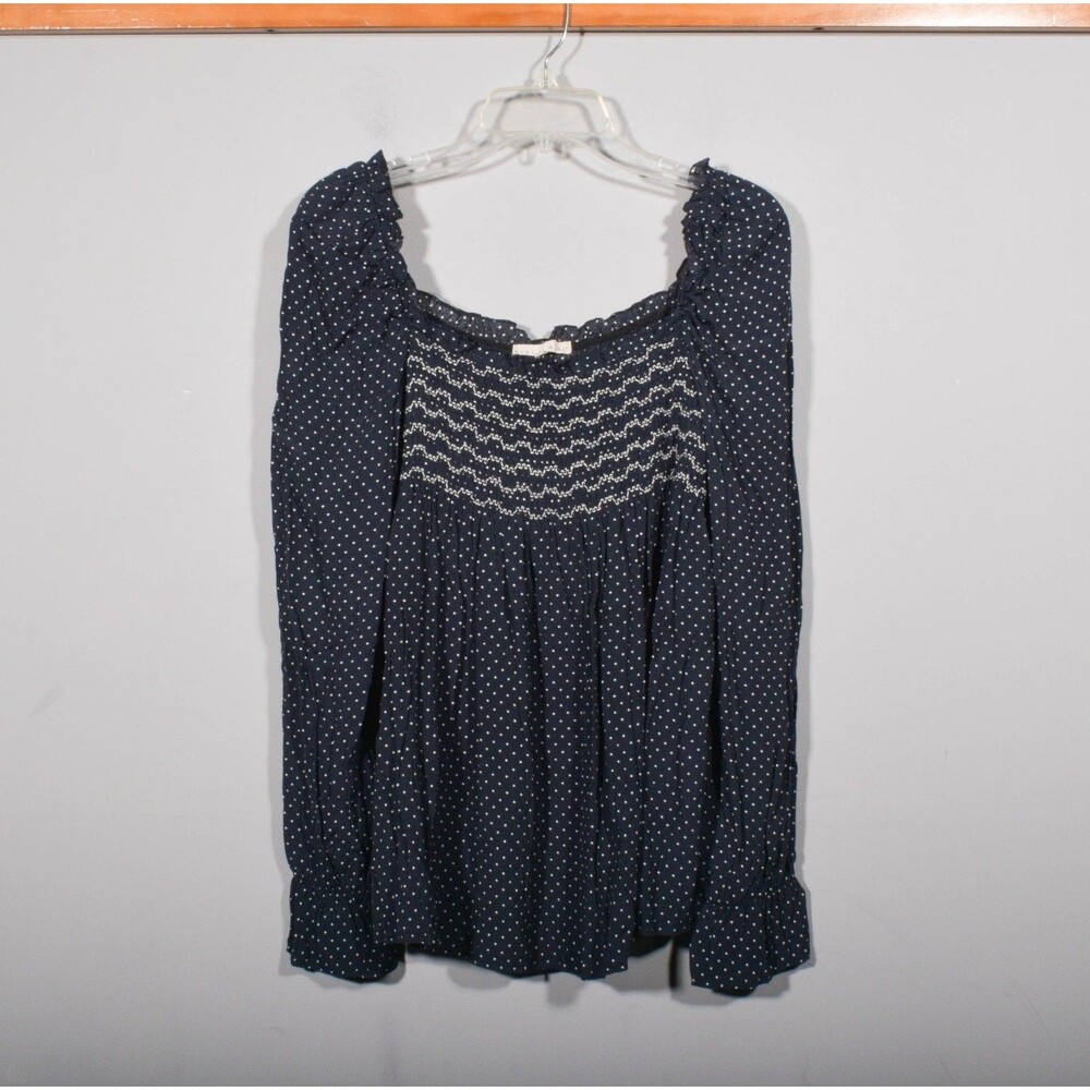 Hint of Mint Navy Blue White Swiss Dot Smocked Puff Sleeve Peasant Blouse Sz XL